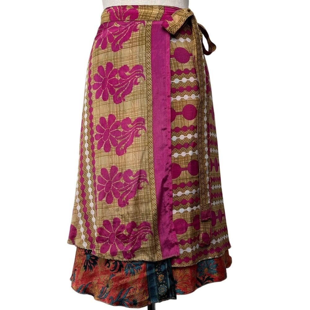 Upcycled Silk Sari Wrap Skirt Boho Reversible Floral Geo Print Summer Resort